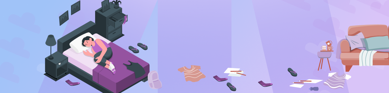 illustration of messy room and a depressed woman with anhedonia