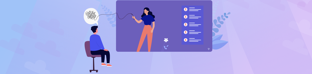 illustration of online psychologist woman giving online therapy to her client
