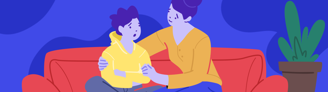 drawing of a child with school phobia and a mother supporting him